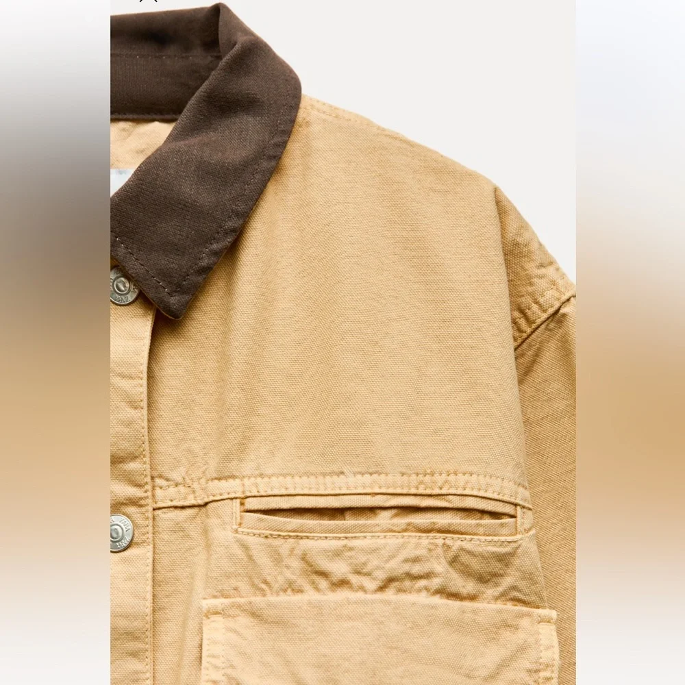 ZARA CONTRASTING COLLAR CROP JACKET XS 5520/071 BARN CHORE COAT FALL VIRAL - Picture 4 of 12